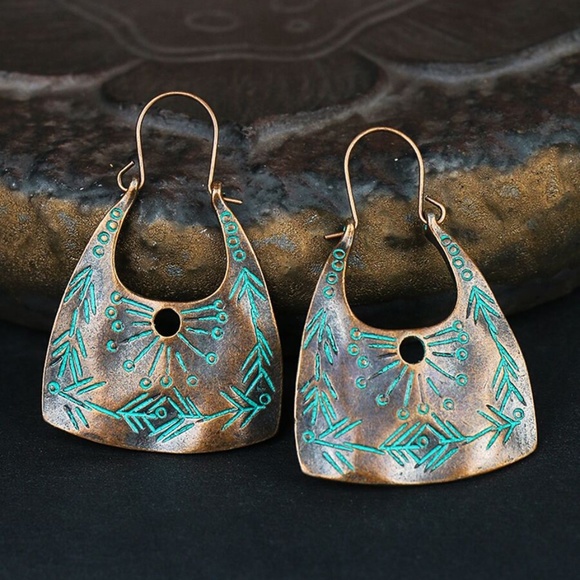 Boho Mint Tribal Geo Hoop Drop Earrings - Picture 2 of 4